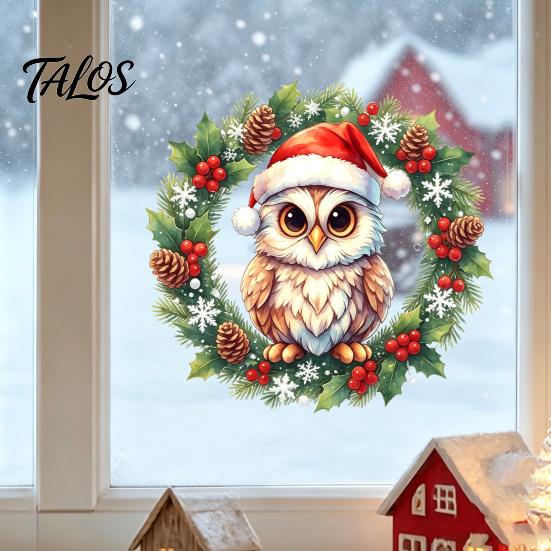 Indoor Winter Scene Decor Christmas Owl Wreath Static Window Cling, Holiday Glass Sticker, Waterproof PVC Film No‑Glue Reusable Decal for Home Shop