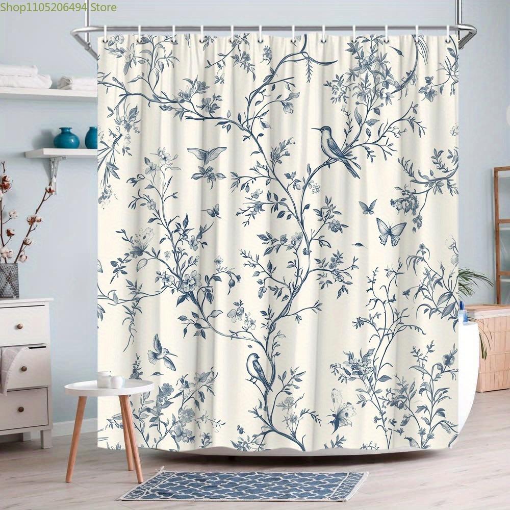 1pc Vintage Floral Shower Curtain - Elegant Blue Branches & Birds Bathroom Decor, No-Drill Installation, Machine Washable Poly