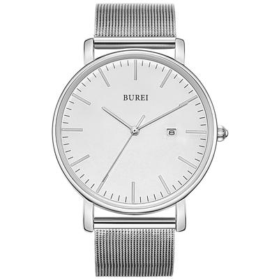 BUREI Milanese Mesh Date Brand Name Men's Watch, Simple, Waterproof, Analog, Business, Style, Strap, Stylish, Popular, Display, Silver,