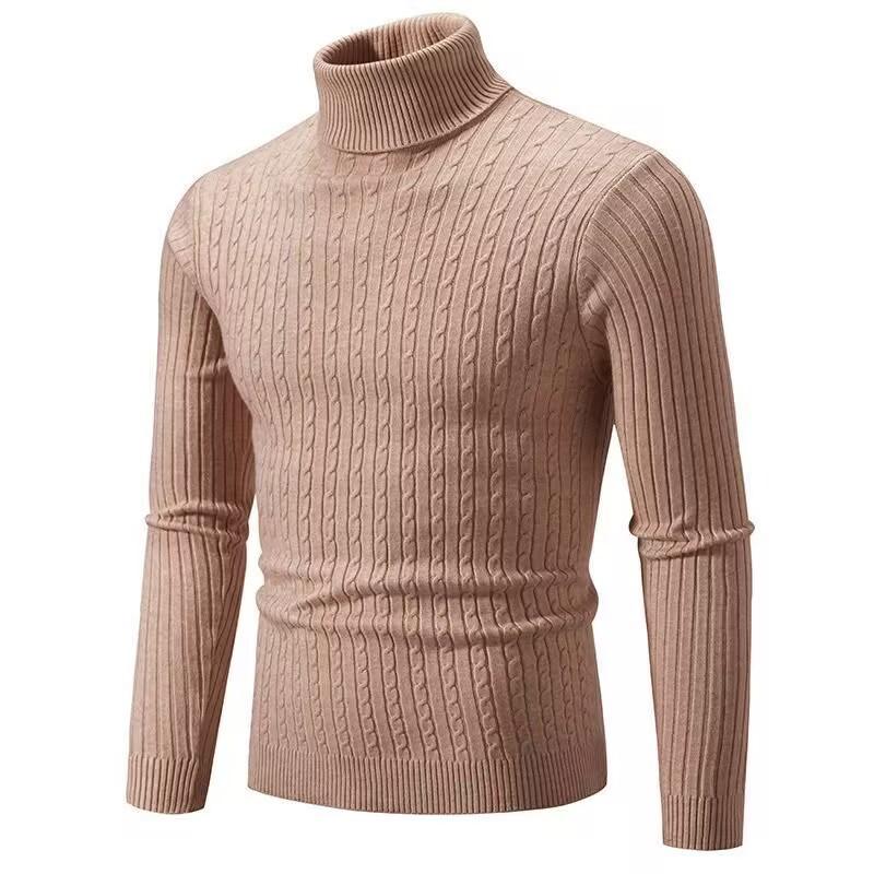 Men S High Neck Long Sleeve Twisted Knit Solid Color Youth Sweater