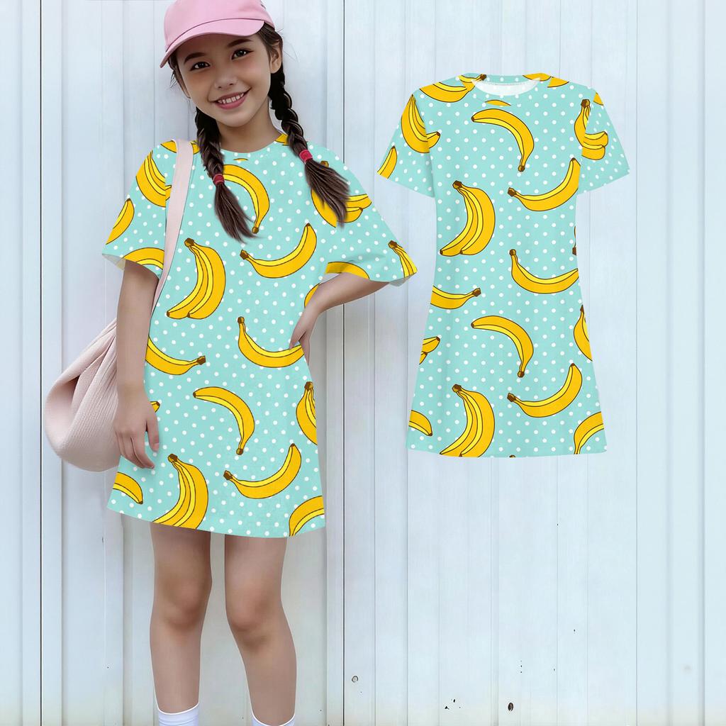 Girls Print Casual Dress Kids Loose Round Neck Short Sleeve Thin Sundress