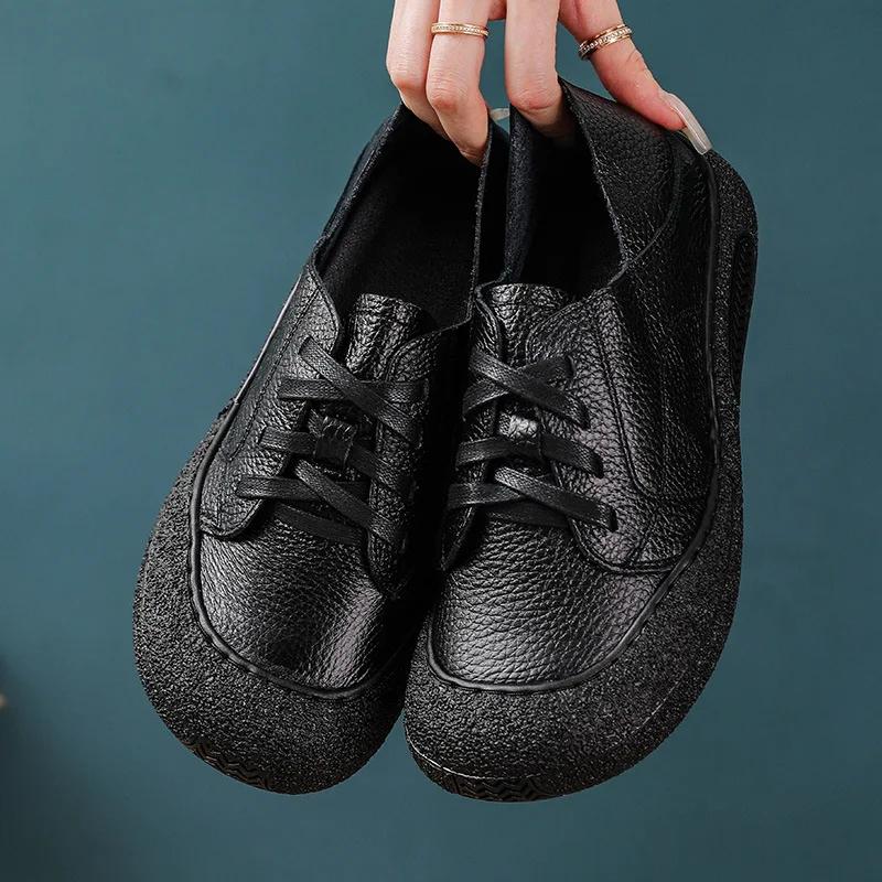 Retro oxford sneaker woman cow leather shoes for women vintage lace up leather sport shoes soft flat moccasins