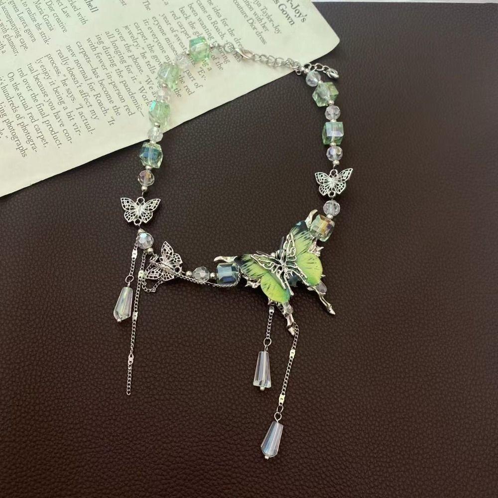 Colier reglabil cu stras fluture, dulce pentru femei, choker și chic cu ciucuri de cristal, colier de petrecere