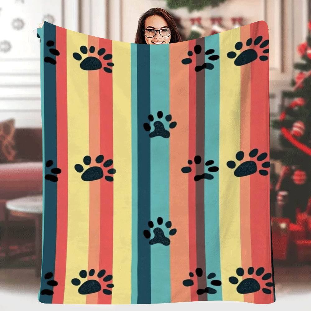 

1pc 60x80 Inch Single-Sided Printed Blanket - Retro Dog Bones & Paw Prints on Colorful Stripes, Soft Durable Thread Count 70x100cm28x39in