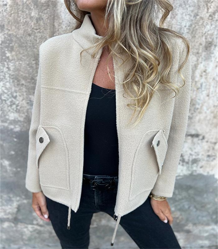Women's Grey Stand Collar Short Jacket with Multiple Color Options