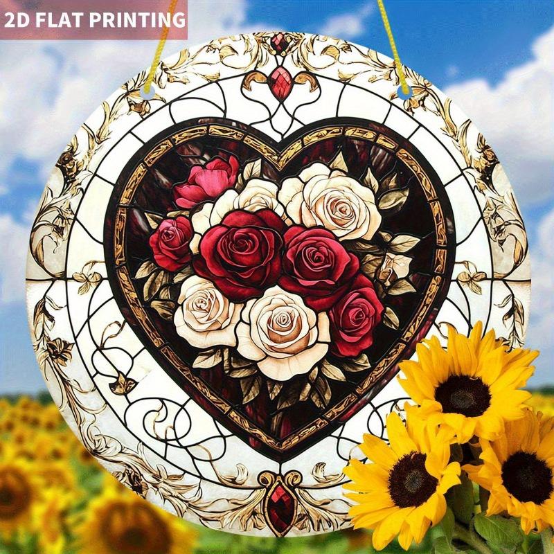 2D Flat Heart-Shaped Rose Dreamcatcher Window Decoration Sign, Elegant Red Roses, Suitable for Wall Decoration, Porch, Room, Villa, Accents Home, Hall