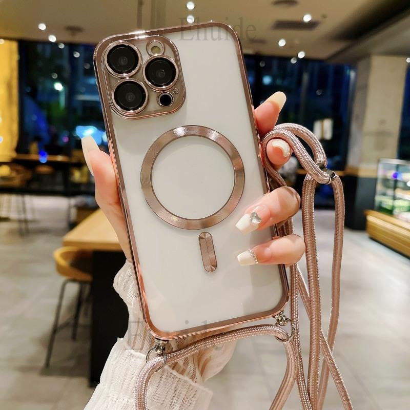 Magnetic Case For iPhone 17 16 14 13 12 11 Pro X XS Max 15 Plus Magsafe Transparent Plating Strap Crossbody Lanyard Neck Cover