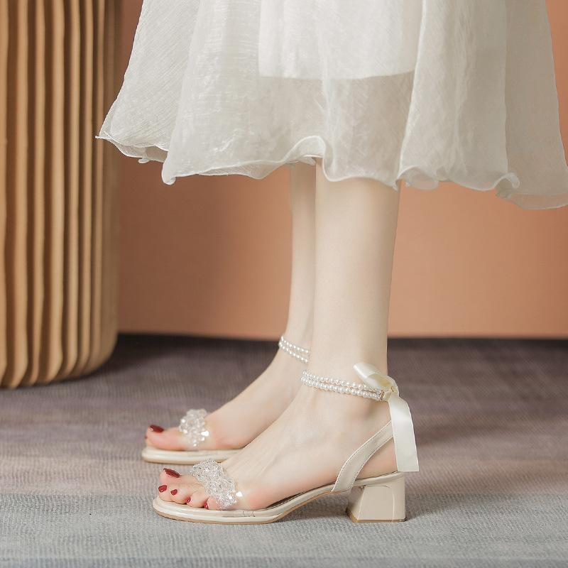 Fashion Sandals Straps Bow Shoes Summer Heels Suit Female Beige Square Toe Mary Jane Lace Up Comfort Girls Black Buckle Pearl Low 2025 B