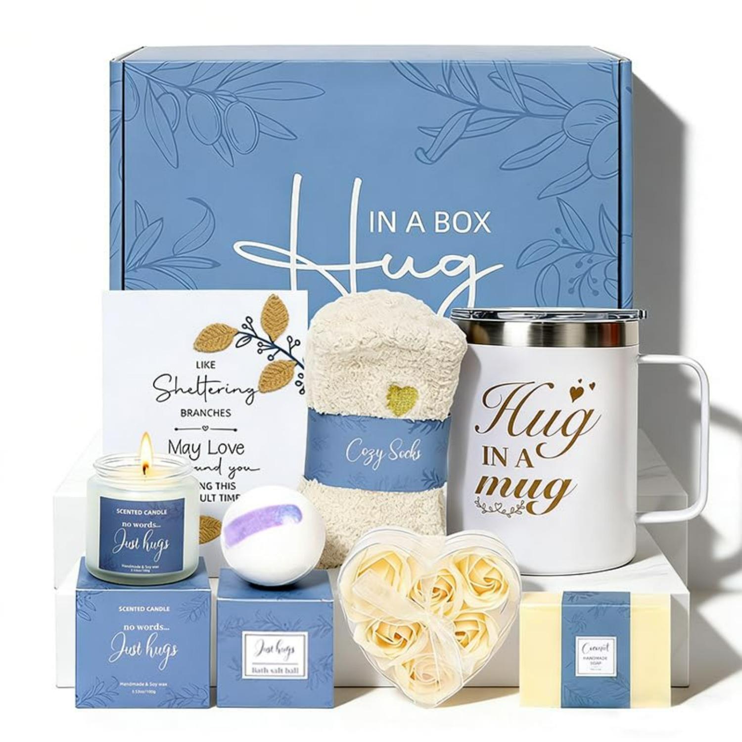 

7 Piece Luxury Bath & Body Gift Set: Hug in a Box Relaxing Home Spa Kit, with Insulated Mug, Scented Candle & Bath Bomb, Self Care Gift for Birthday l1