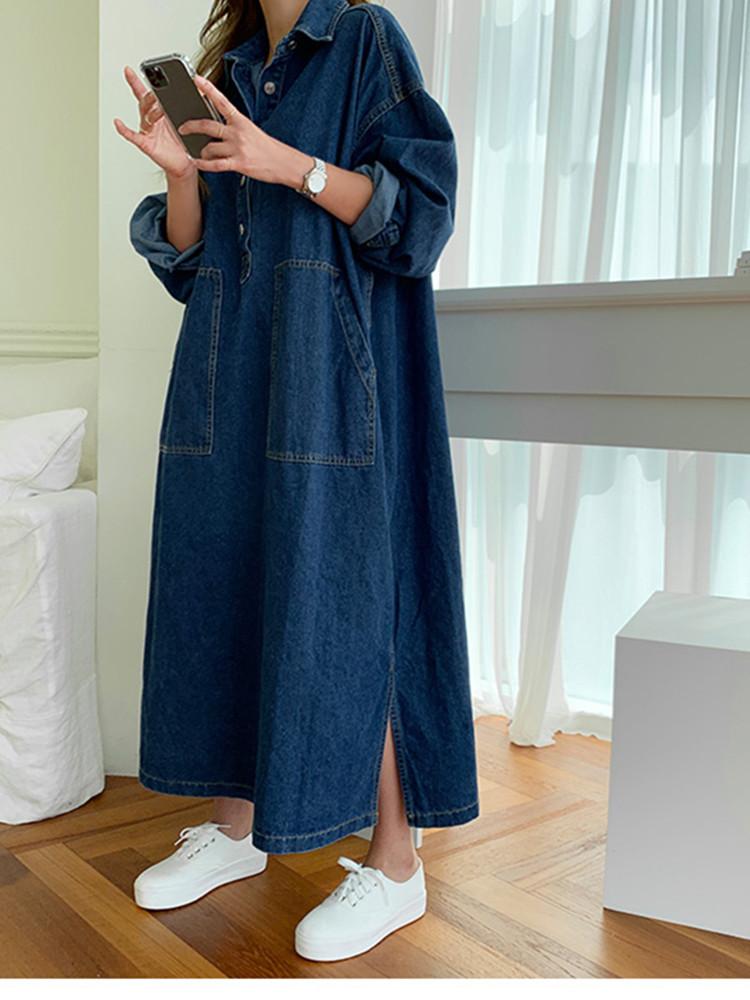 Rochie Denim pentru Femei Guler Stand Mânecă Lungă Nasturi Rochie Lungă Largă Șic Despicătură Șnur Rochie Maxi