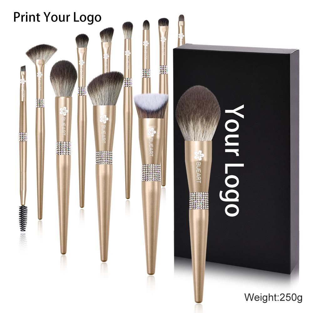 Set di 12 Pennelli da Trucco Color Oro Champagne con Setole Morbide per Ombretto, Cipria, Fondotinta e Correttore.