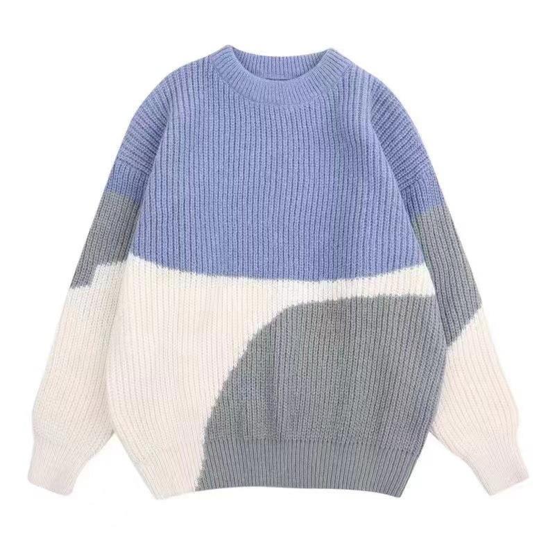 Unisex Oversized Crew Neck Knit Sweater Navy Black Beige Color Block Chunky Loose Fit Casual Pullover