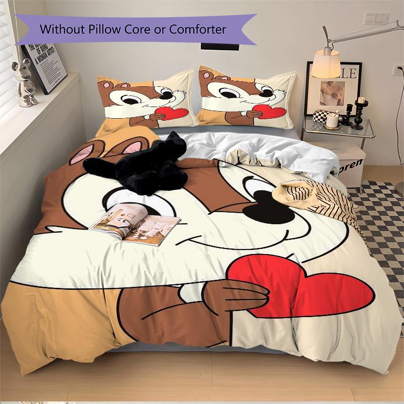 3pcs Chip & Dale Cartoon Squirrel Holding Heart Shaped Pattern Bedding Set, 1* Cover + 2*Pillowcases, Printed Bedding Set, Soft and Comfortable,