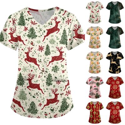 Women's Christmas Printed V-Neck Short Sleeve Caregiver Uniform Top with Pockets, Loose Fit Scrub Shirt for Work