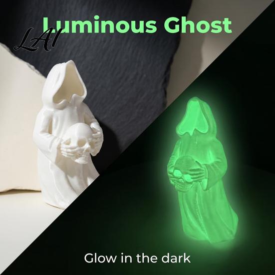 Spooky Window Display 3D Printed Glow In The Dark Skull Ornament Gothic Hooded Ghost Statue Halloween Party Supplies for Desktop Decoration Luminous