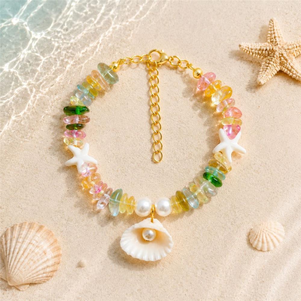 Holiday Charm FemaleBohemian Multicolor Crystal Starfish Shell Pearl Adjustable Bracelet Gold Color Wedding Jewelry For Women