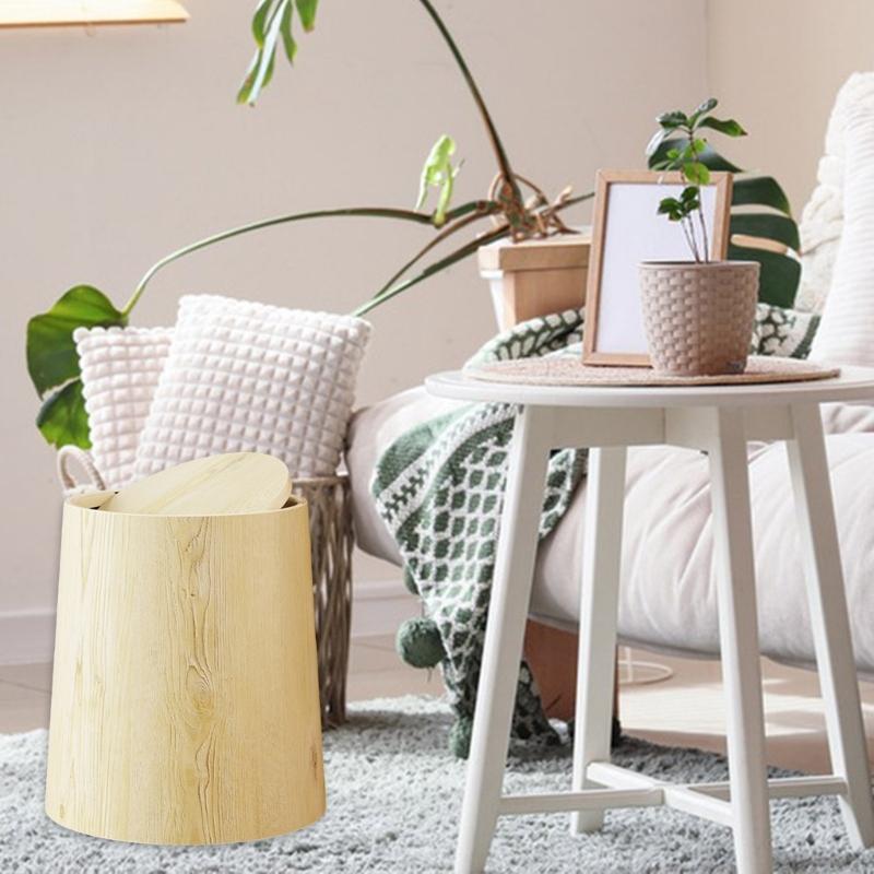Retro Plastic Wastebasket with Simulation Wood Grains Pattern Flips Top Cover Trash Can For Small Space Office and Bedroom
