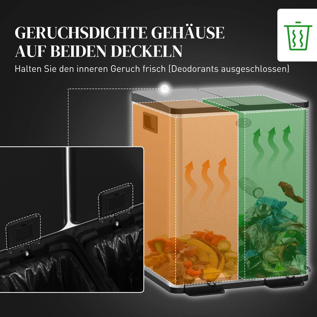 40L Dual Compartment Stainless Steel Bin, with Deodoriser Holders - Silver Tone