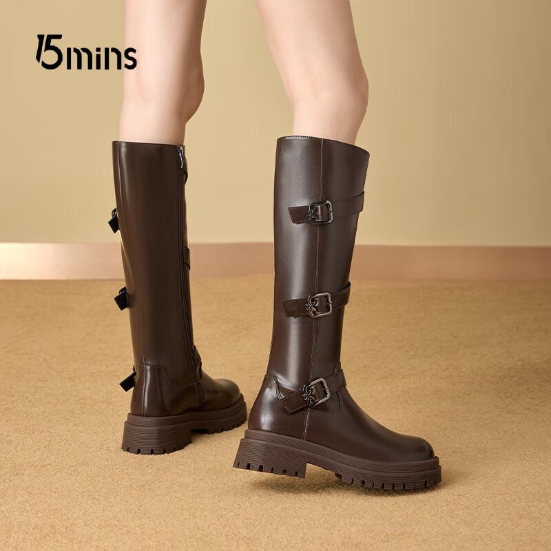 15MINS Women's Winter Warm Block Heel High Boots with Belt Buckle