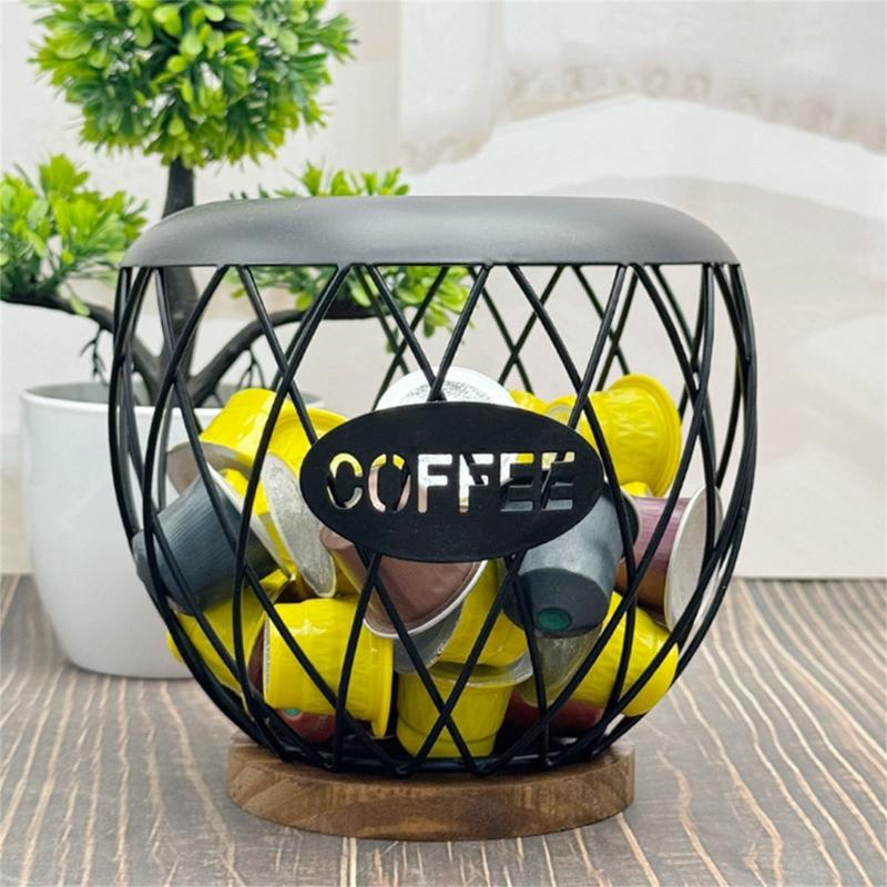 Artistic Iron Fruit Basket Inspired Coffee Pods Rack Open Structure Kitchen Office Storage Durable Metal Wood Materials
