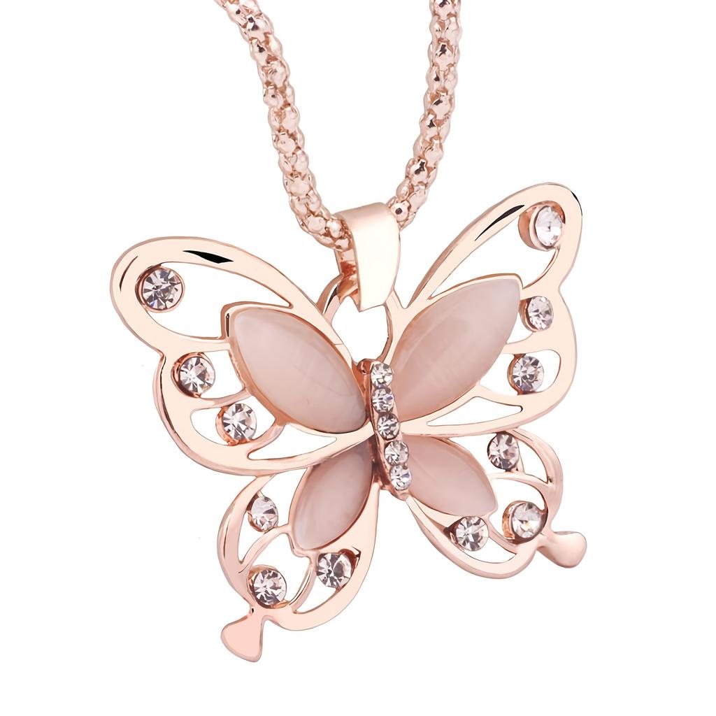 Elegant Rose Golden Butterfly Pendant Necklace - Chic Long Chain Jewelry for Women, Perfect Gift