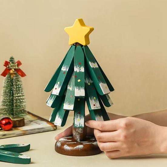 Christmas Tree Trivet for Hot Dishes Solid Wood Heat Resistant Pot Holder Folding Festive Table