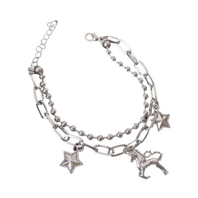 Single Horn Horse Bracelet Cool Girl Hip Hop Double Layer Star Pendant Bangle Simple Versatile Fashionable Wrist Jewelry