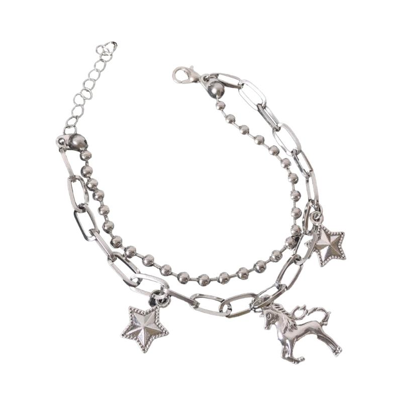 

Single Horn Horse Bracelet Cool Girl Hip Hop Double Layer Star Pendant Bangle Simple Versatile Fashionable Wrist Jewelry 1