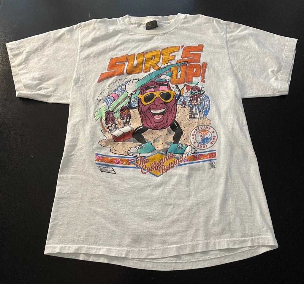 Vintage 1987 California Raisins "Surf's Up" 100% Cotton T-shirt Mens Tees Top, Changes Tag, Size: XL