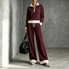 Miękki Sweter Bluza Damski Zestaw Spodni Jesienny, Top z Klapami i Zamkiem na Pół, Luźne Spodnie Szerokie Nogawki ze Sznurkiem, Dopasowanie Kolorów