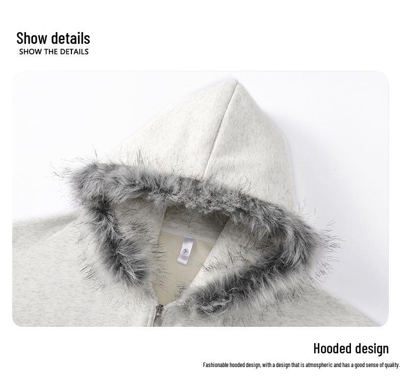 Retro bluza z kapturem o luźnym kroju z futrzanym kołnierzem - Polarowa odzież wierzchnia unisex na jesień i zimę