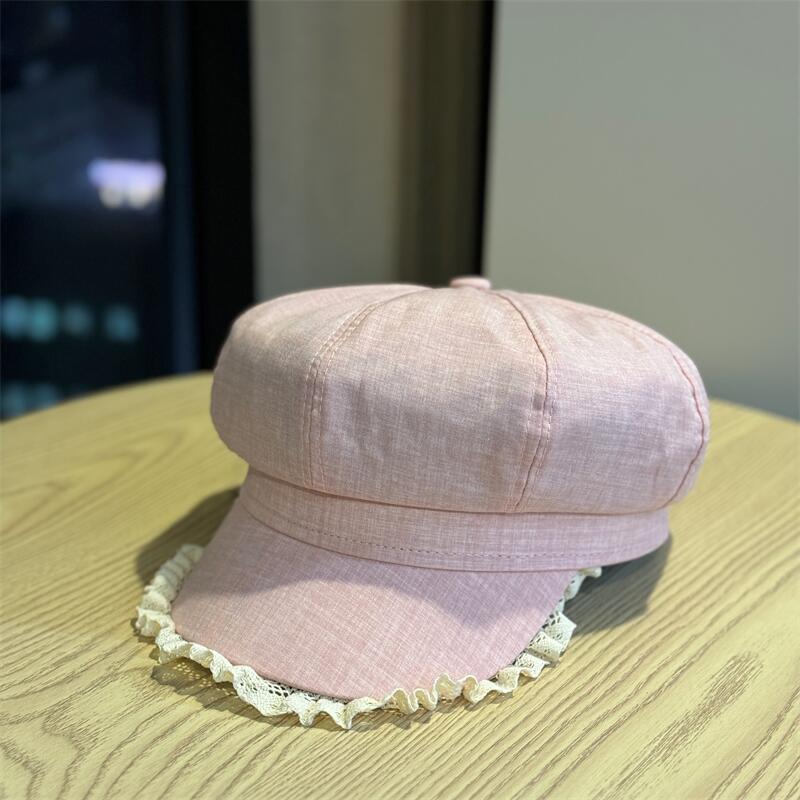 Lace-trimmed denim octagonal hat for women, spring/summer, large head circumference, makes the face look smaller, artistic and sophisticated, beret,