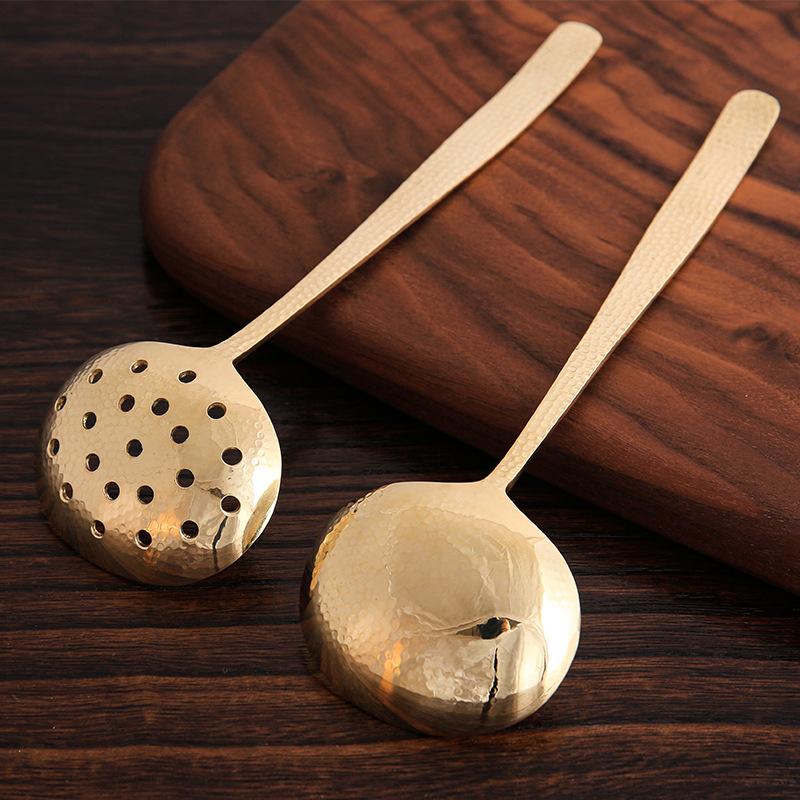 Brass spoon soup leak household long handle hot pot spoon handmade hammer rice spoon all copper kitchen set colander