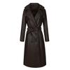 Womens Long PU Leather Coat With Waist Tie Slim Fit Vintage Style Trench Jacket Black Coffee