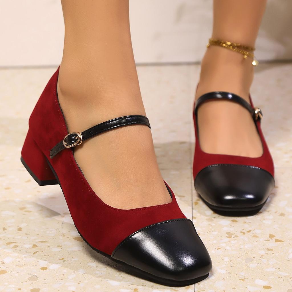 Leopard Print Color Matching European and American Style Mary Jane Women's Shoes Thick Middle Heel Light Mouth Square Head Splicing Word with Rhin