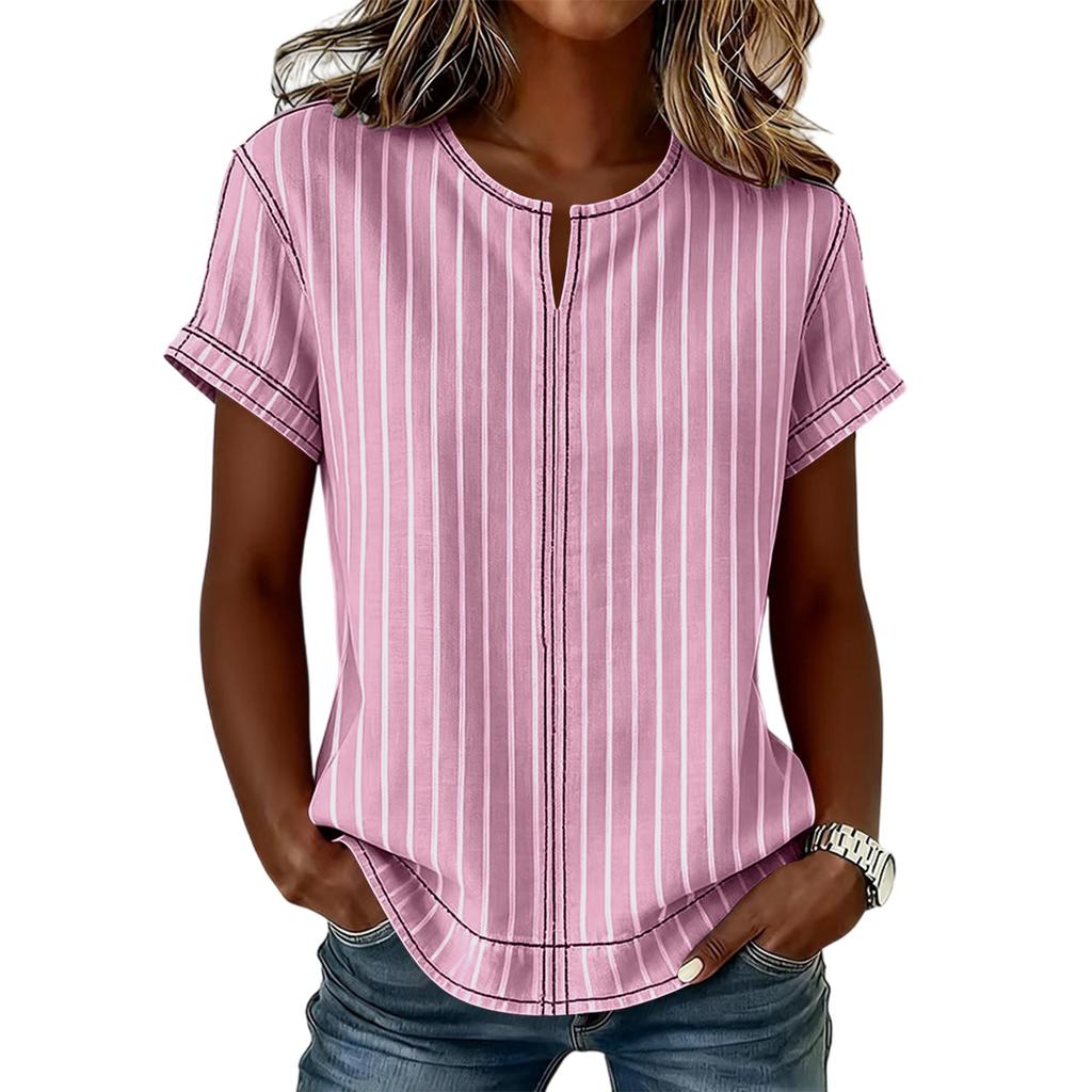 Women's Casual Loose Fit Short Sleeve T-Shirt with Round Neck Vertical Stripe Pattern Comfortable Lightweight Top for Everyday Wear