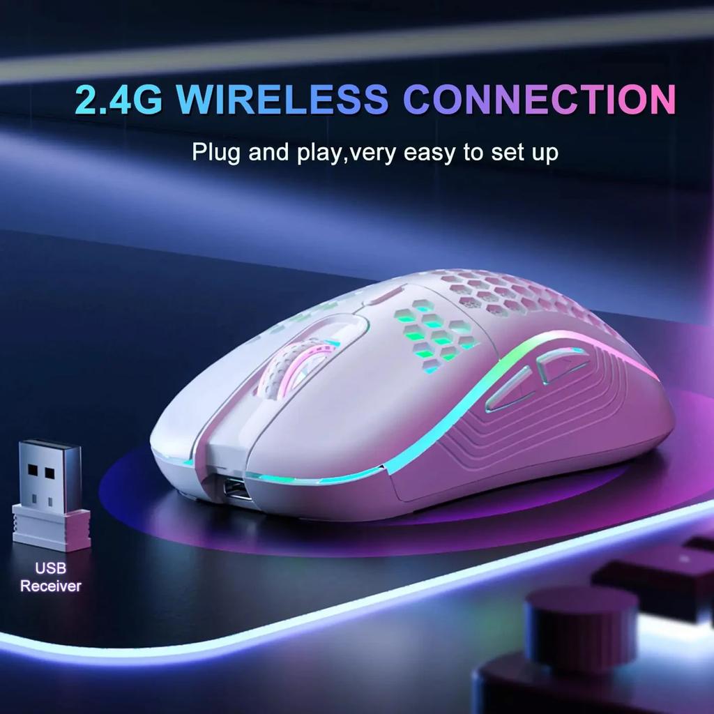 Wireless Gaming Mouse Honeycomb 2.4G USB Cordless Mouse RGB Rechargeable PC Game Mice With LED Lights