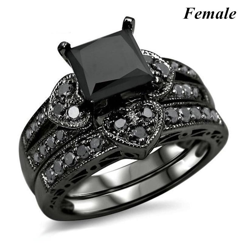 Fashion Couple Rings Women Black Heart Crystal CZ Rings Set Men's Two Rows Black CZ Stone Stainless Steel Ring Wedding Jewelry