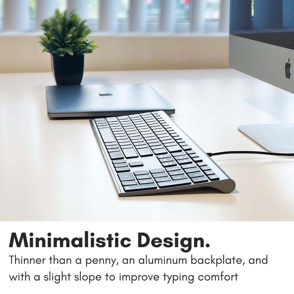 MACALLY Mac Keyboard, US Layout, Wired, All-Aluminum Frame, Slim, Quiet, Scissor-Style Keys, with Numeric Keypad, for Working from Home, Telework,