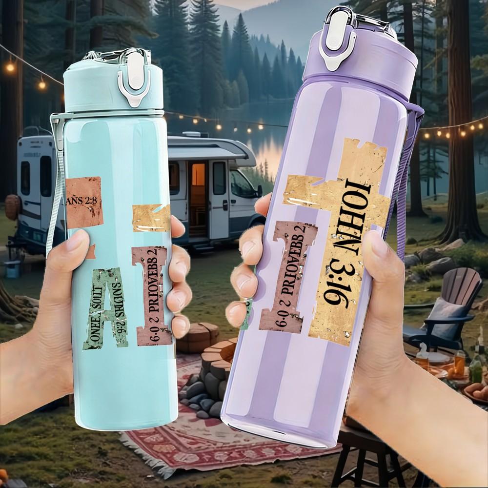 1PC Faith Cross Letter Text Art Print 750ml Color Plastic Sports Water Bottle Leakproof Flip Straw Lid Suitable for Sports Office Home Use