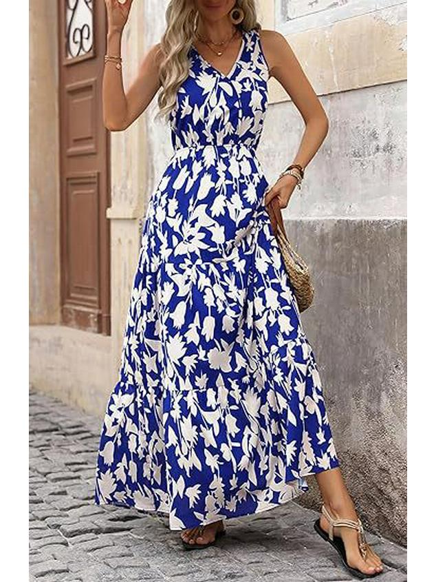 Elastic Waist Sleeveless V-Neck Print Dress - 2025 European & American Women's Fashion Bestseller