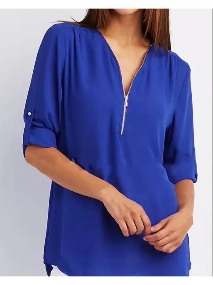 2026 Dames Cool Los Shirt Diepe V-hals Chiffon Mode Blouse Casual Dames Tops Sexy Rits Pullover Grote Maten
