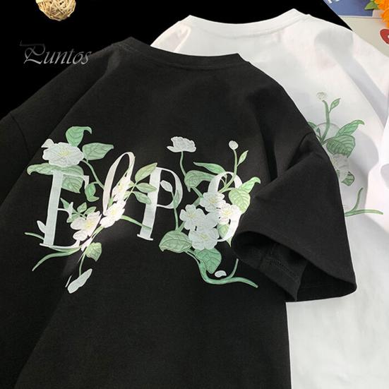 Unisex T-shirt O-neck Short Sleeve Artistic Flower Patterns Tee Shirt Loose Fit Summer Casual Pullover Tops