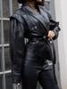 2026 Autumn Women's Elegant Faux Leather Belted Lapel Jacket