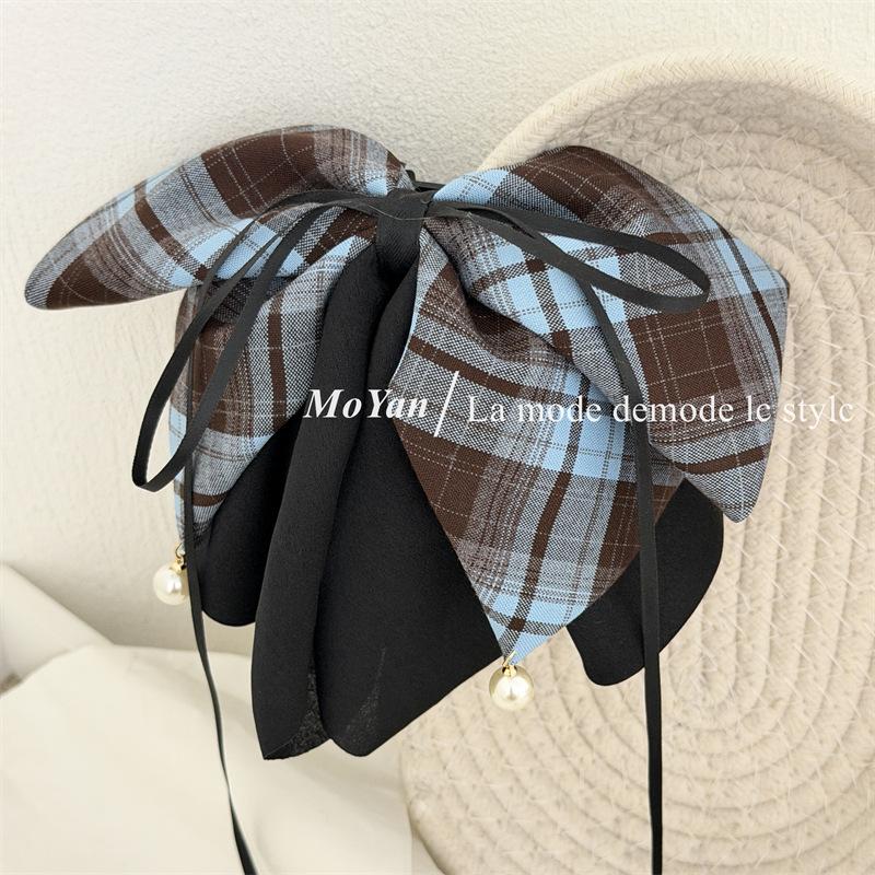 French Check-style Bow Tie Ribbon Hair Clip with A Sophisticated Look, Half-twisted Ponytail with A Hair Bun Clip and Hairpin
