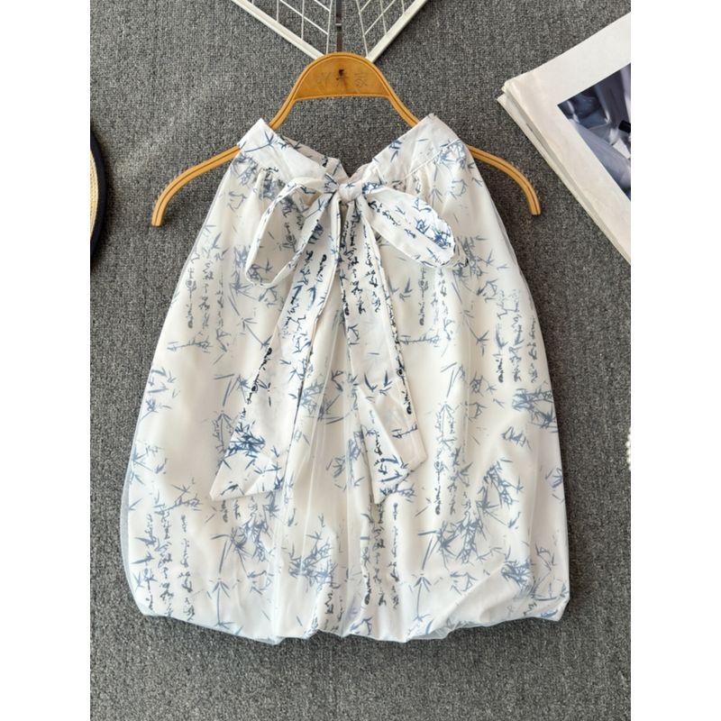 Graceful Bow Halter Lace-up Sleeveless Chiffon Blouses for Women Summer National Style Print Camisole Western Style Small Shirt