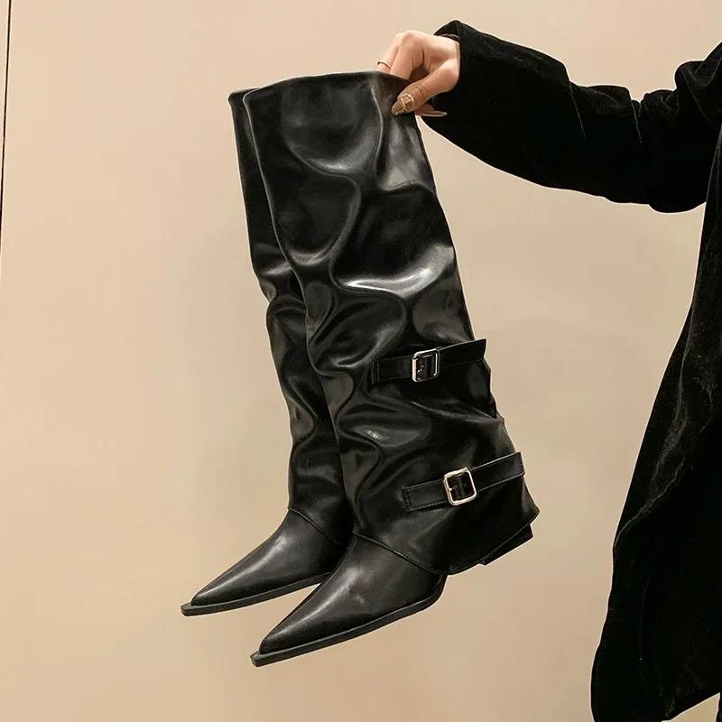 Women Trend Boots Temperament Pointe Leather Boots Quality Belt Buckle Knight Boot Lady Knee-high Boot Pleated Design Long Boots