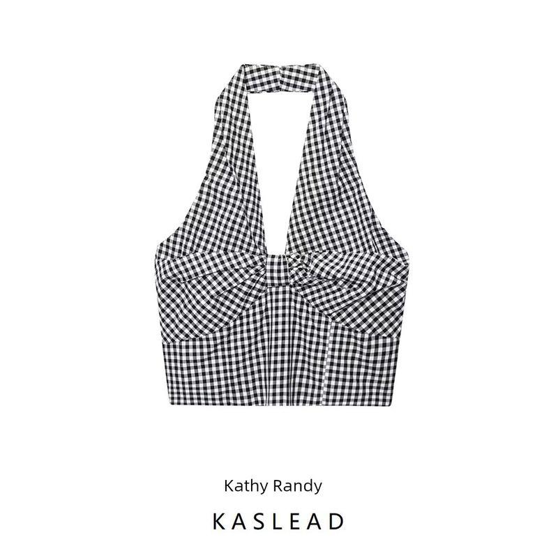 Kaslead New Women Clothes Western Style Fashion Simple Short Hanging Neck for Plaid Dungaree Shirt