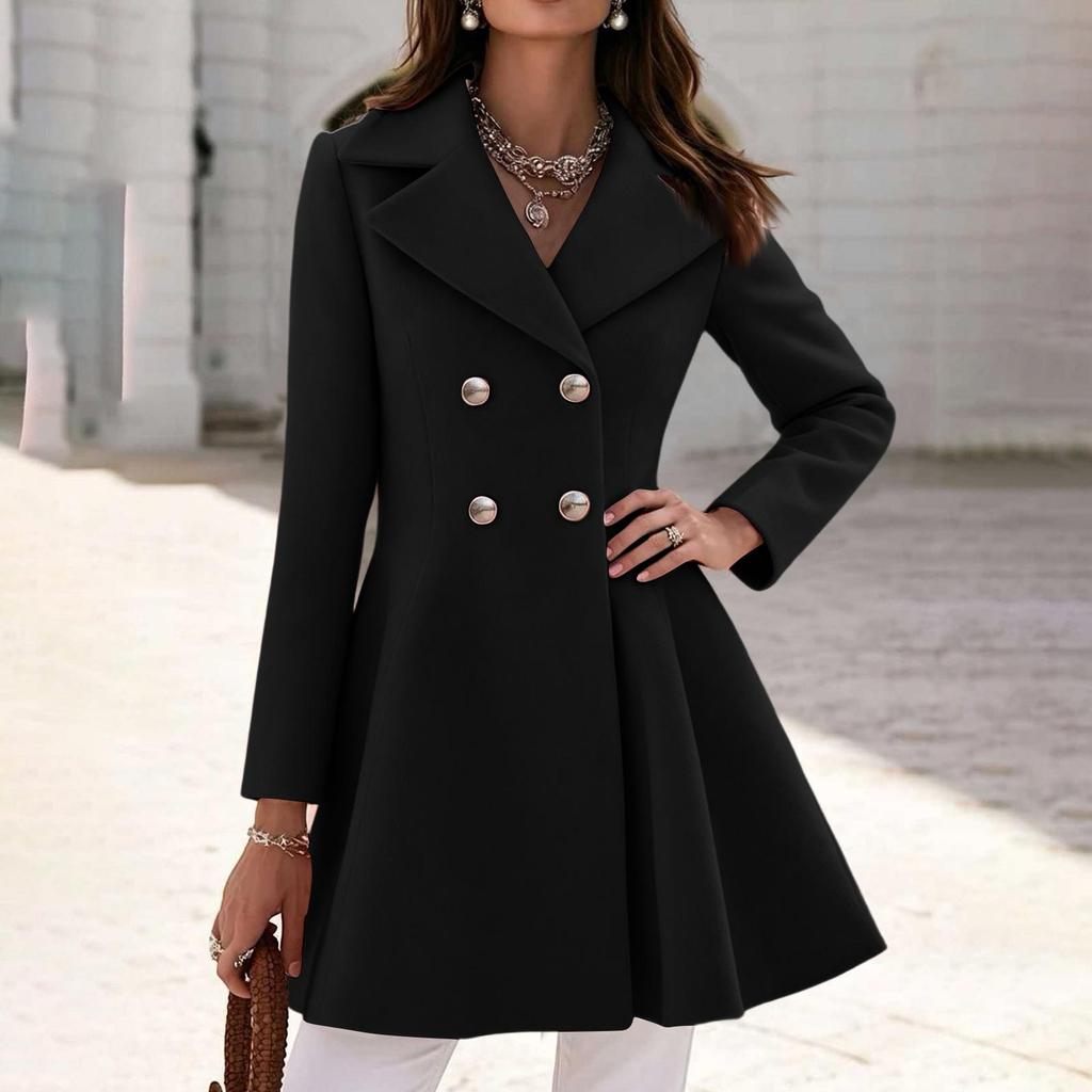 Women's Color Double-Breasted Woolen Coat with Lapel Collar Cinched Waist A-Line Mid-Length Fall Winter Outerwear