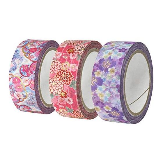 Kamiiso Sansho Japanese Masking Tape Washi Kimono Beauty 3 Volumes (Dandeshiko, Chrysanthemum Cherry Blossom, Twisted Plum) Set Width 15mm x 7m Roll